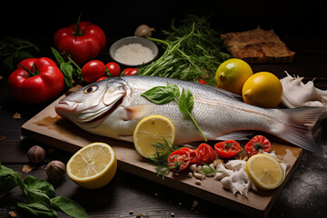 Whole fish placed on wooden board surrounded by tomatoes, lemons, garlic, fresh herbs, and spices, showcasing vibrant culinary arrangement ready for cooking.