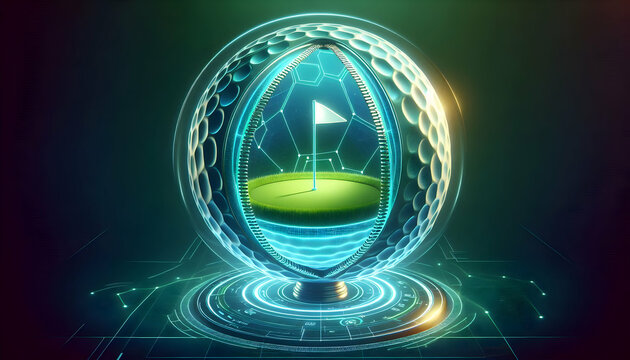 Golf Futuristic holographic-style golf ball with a digital zipper effect revealing a glowing green golf c2