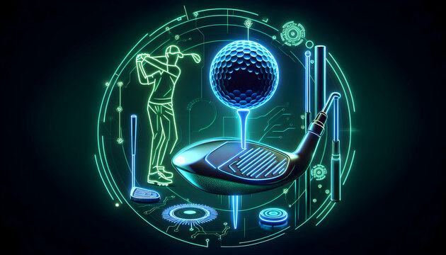 Golf Futuristic neon-style golf icons glowing in blue and green, including a digital-inspired golf ball o1