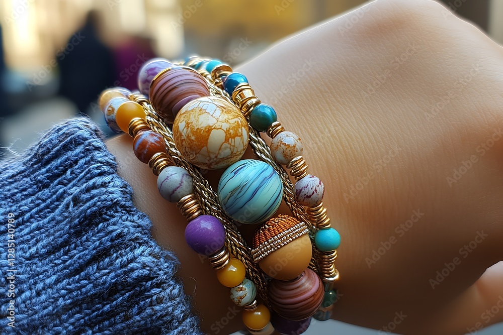 Poster intricate and colorful handmade bracelets with beads showcased elegantly on a wrist in natural light