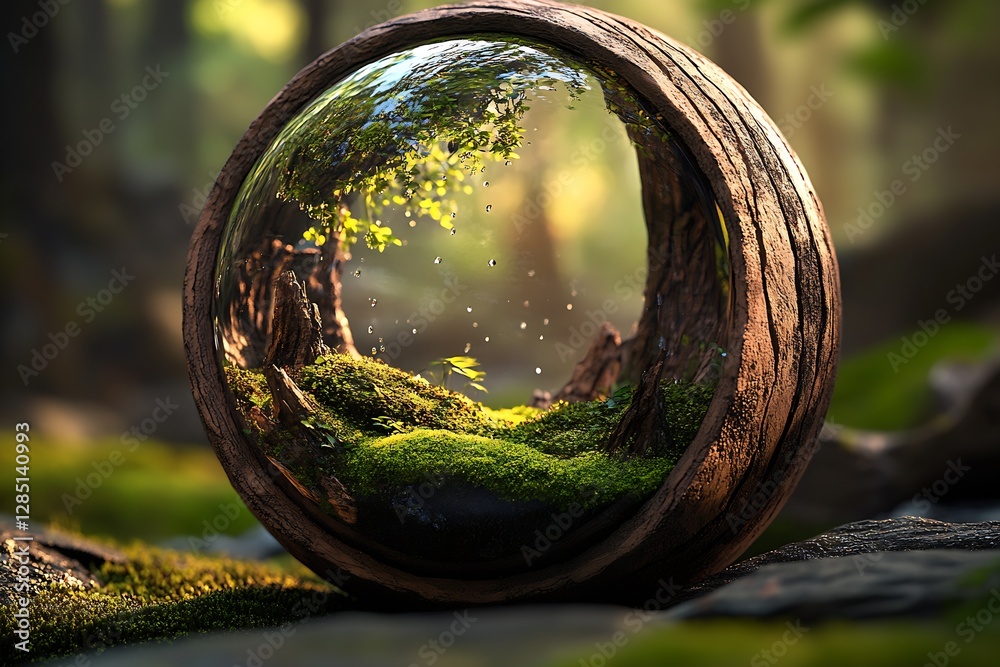 Fototapete magical forest scene captured in crystal sphere with vibrant green moss and soft sunlight filtering 