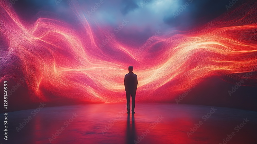 Fototapete stunning figure in a dreamlike setting surrounded by flowing light waves creating a surreal atmosphe