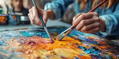 Obraz premium Artist mixing oil colors on palette with paintbrush in art studio