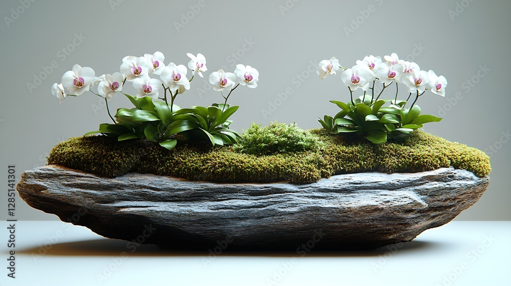 Poster stunning display of white orchids arranged beautifully on a rustic wood and moss base : generative a