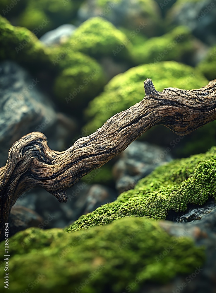 Poster detailed close-up of weathered wood resting upon lush green moss illustrating the intricacies of a v