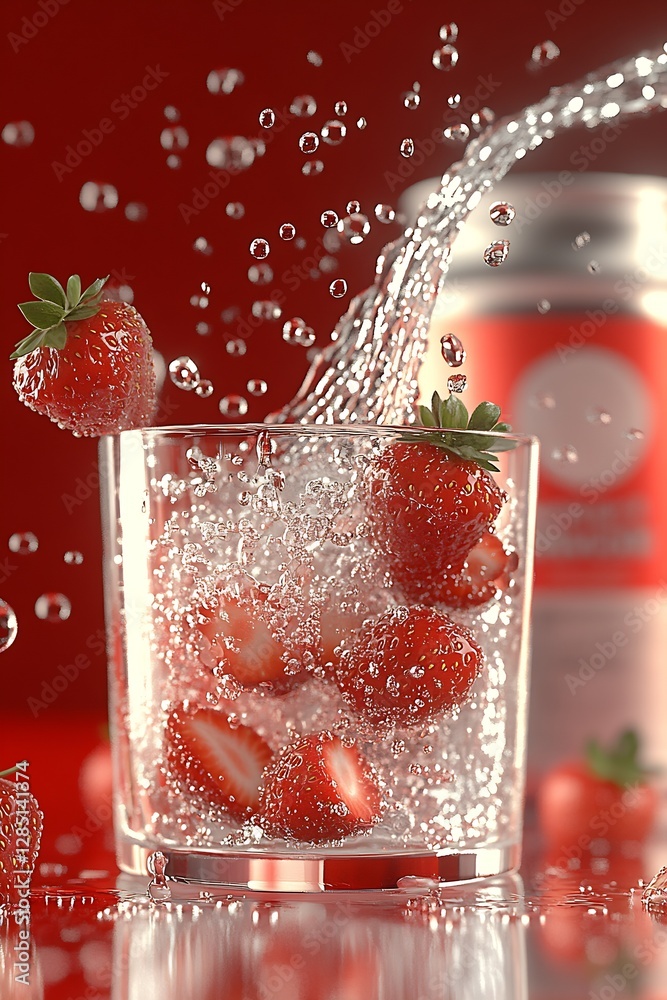 Aufkleber Captivating look at strawberries being splashed in sparkling water inside a glass with a soda can backdrop : Generative AI