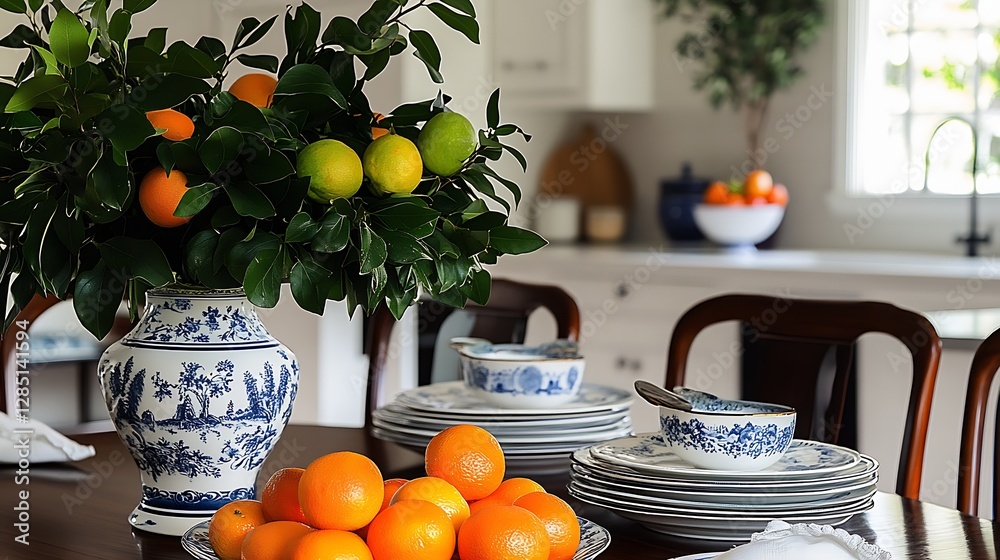 Poster Vibrant Citrus Display in a Classic Floral Vase on a Stylish Dining Table : Generative AI