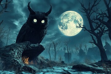 Fototapeta premium A Mysterious Night Scene Featuring a Giant Owl with Glowing Eyes Beneath a Full Moon, Surrounded by Eerie Trees and a Shadowy Landscape