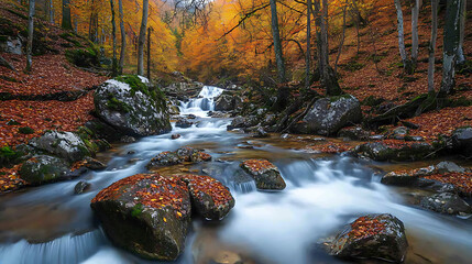 A cascading river flowing over smooth stones through a tranquil autumn forest 