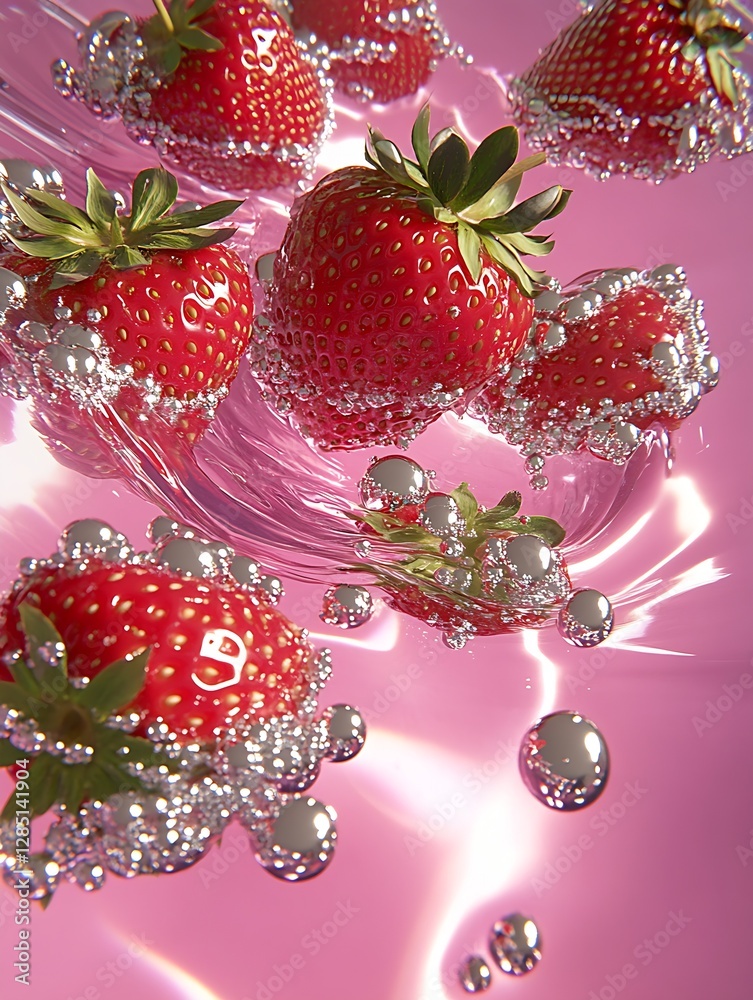 Poster Dynamic image of strawberries with bubbles in water demonstrating freshness against a playful pink backdrop : Generative AI
