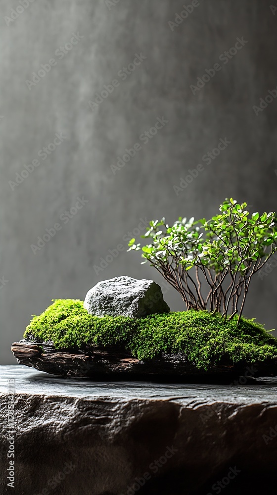 Poster stunning composition of natural elements with a rock and greenery in a miniature landscape setting :