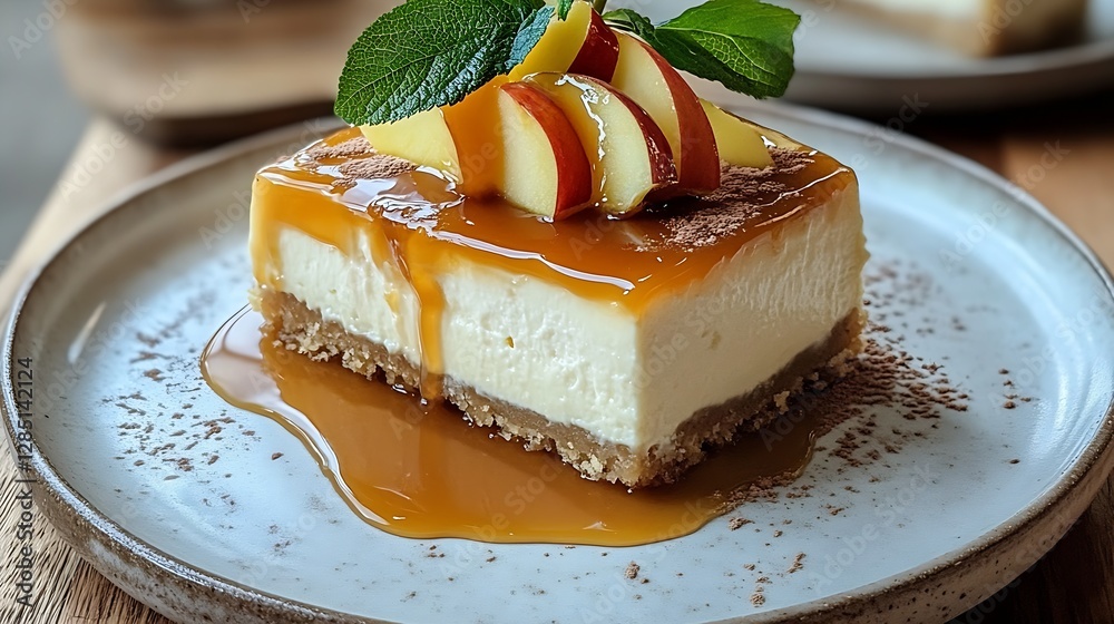 Poster Creamy cheesecake adorned with caramel sauce and fresh apple slices served on a rustic kitchen table : Generative AI