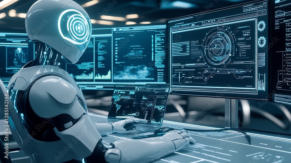 Fototapete Cutting-edge robotics interface designed for comprehensive data management on multiple digital screens : Generative AI