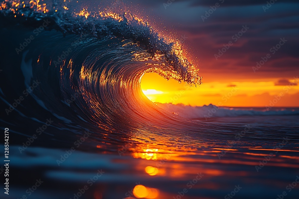 Aufkleber mesmerizing wave curling towards the vibrant sunset with golden reflections : generative ai