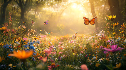 A magical meadow filled with colorful wildflowers and butterflies under a golden afternoon sun  © thongsook
