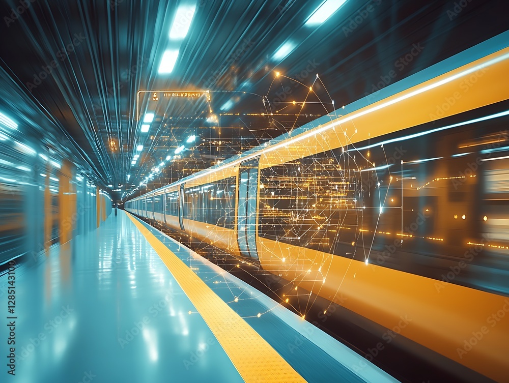 Poster Dynamic scene of a high-tech train moving through a futuristic railway station with glowing effects : Generative AI