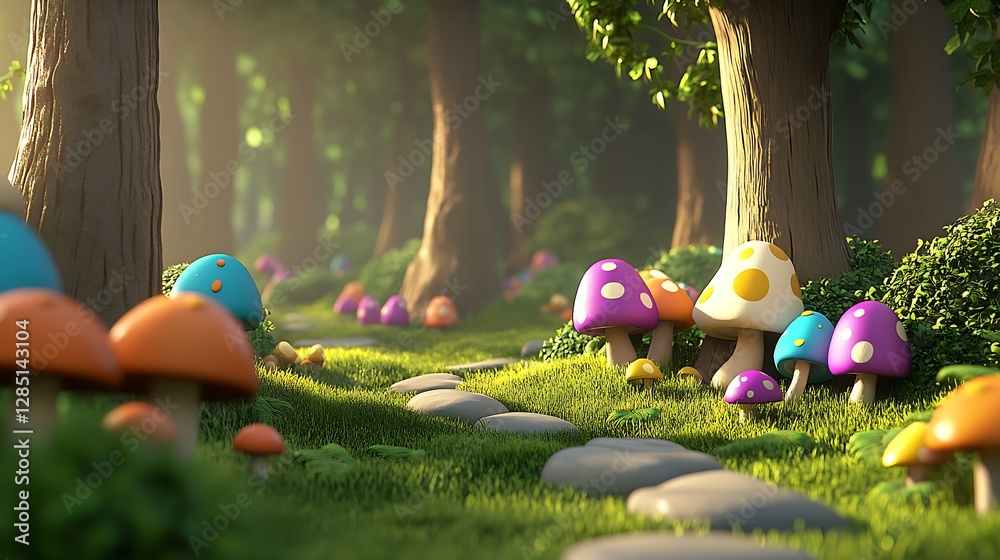 Aufkleber Vibrant Mushroom Landscape with Colorful Fungi Surrounded by Lush Greenery in a Serene Forest Setting : Generative AI