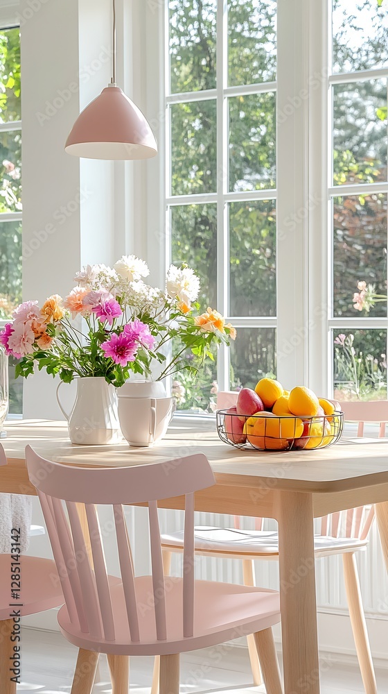 Poster Welcoming breakfast nook with fresh fruits and stunning flowers creating a warm and inviting dining experience : Generative AI
