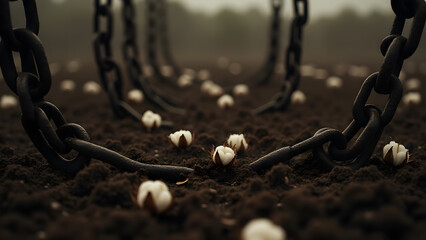 A recreation of slavery with chains and cotton fields, symbolizing the brutality and historical impact of slavery.