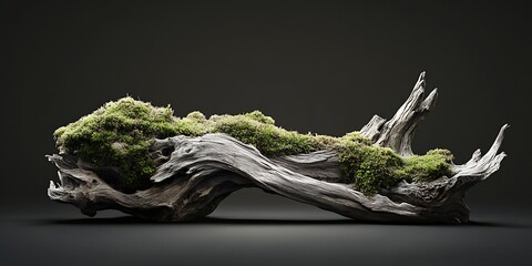 Stunning close up of a unique driftwood piece adorned with vibrant green moss showcasing nature's beauty : Generative AI