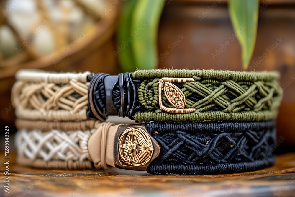 Poster stylish handmade macrame bracelets in earthy tones showcasing unique woven patterns and intricate de