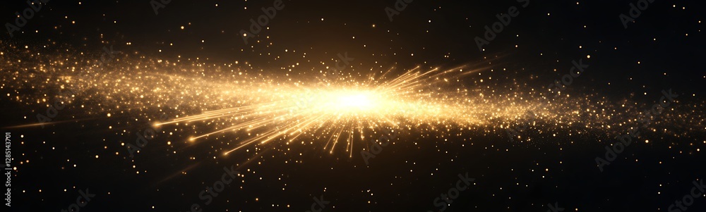 Poster cosmic explosion of golden light surrounded by stars in a dark space backdrop.