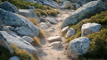 Naklejka premium a boulder-strewn mountain path, with large, weathered stones and a dusty trail in between 