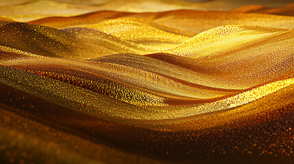 A surreal desert landscape with golden dunes bathed in warm twilight glow 