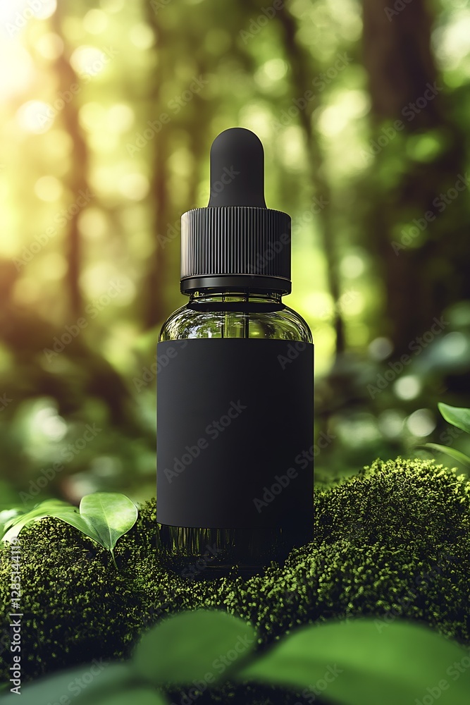 Aufkleber clear glass dropper bottle on fresh green moss in enchanting forest setting with soft natural light 