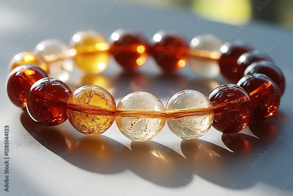 Poster Vibrant and Colorful Bracelet with Amber and Clear Beads on Table Surface : Generative AI