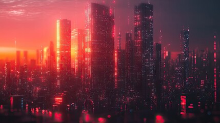 Fototapeta premium Futuristic City Buildings Illuminated Under A Crimson Evening Sky