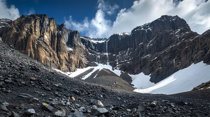 texture with steep cliffs, dark rocks, and scattered snow, creating a dramatic and imposing scene 