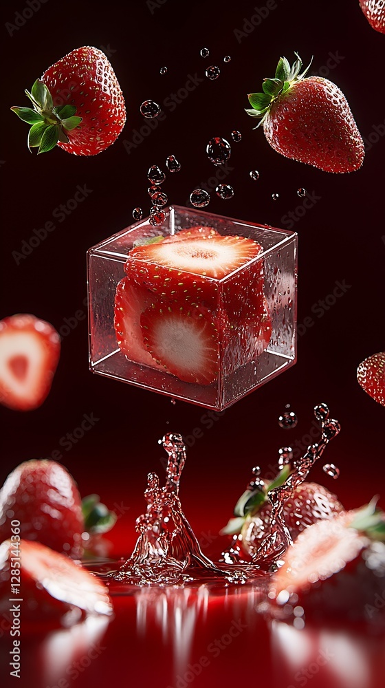 Aufkleber captivating display of strawberries encased in clear cube with water droplets around : generative ai