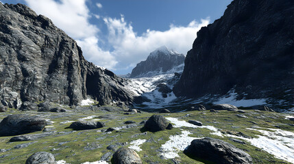 texture with steep cliffs, dark rocks, and scattered snow, creating a dramatic and imposing scene 