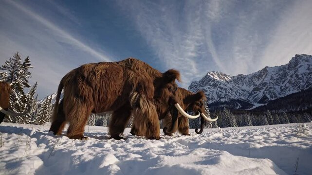 A wide-angle video captures two woolly mammoths walking through a snowy landscape, with majestic mountains and a dramatic sky in the background.