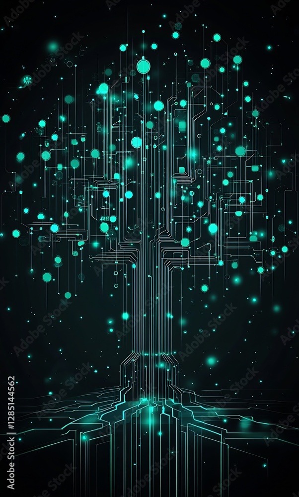 Poster Conceptual tree image integrating technology with circuits and luminous elements depicting innovation : Generative AI