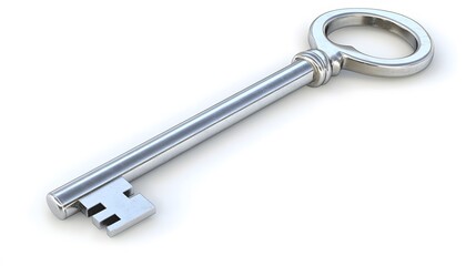 A shiny metal key, isolated on a white background