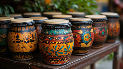 Colorful hand-painted Brazilian and African drums displayed at an outdoor market, intricate floral and geometric designs. Brazilian carnival concept