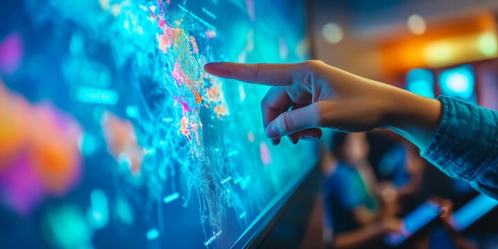 Teacher pointing at interactive whiteboard with world map during geography lesson