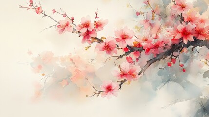 A delicate watercolor painting of cherry blossom branches in soft pink hues.