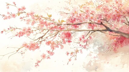 A delicate watercolor painting of cherry blossom branches in soft pink hues.