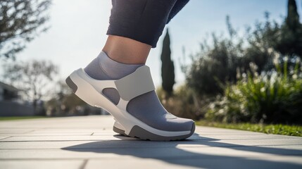 Foot health support demonstrated by a person wearing orthotic shoes. Featuring proper arch support and comfort