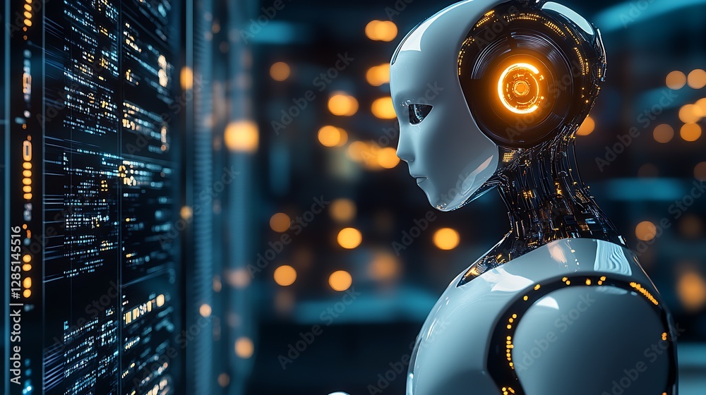 Aufkleber Side profile of a humanoid robot focused on a digital interface displaying complex data : Generative AI