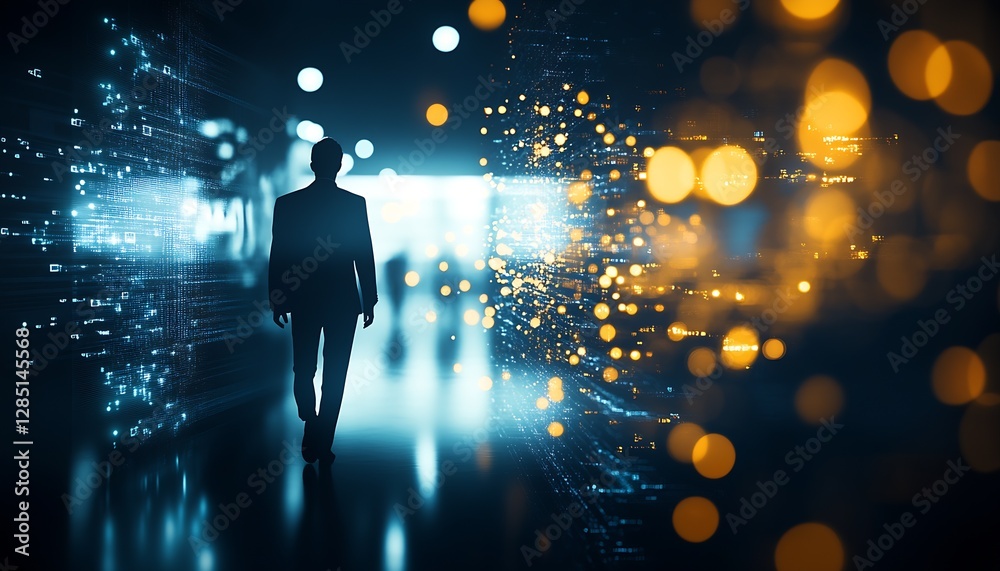 Poster Silhouette of a Businessman Walking Through a Digital Corridor of Light and Data : Generative AI