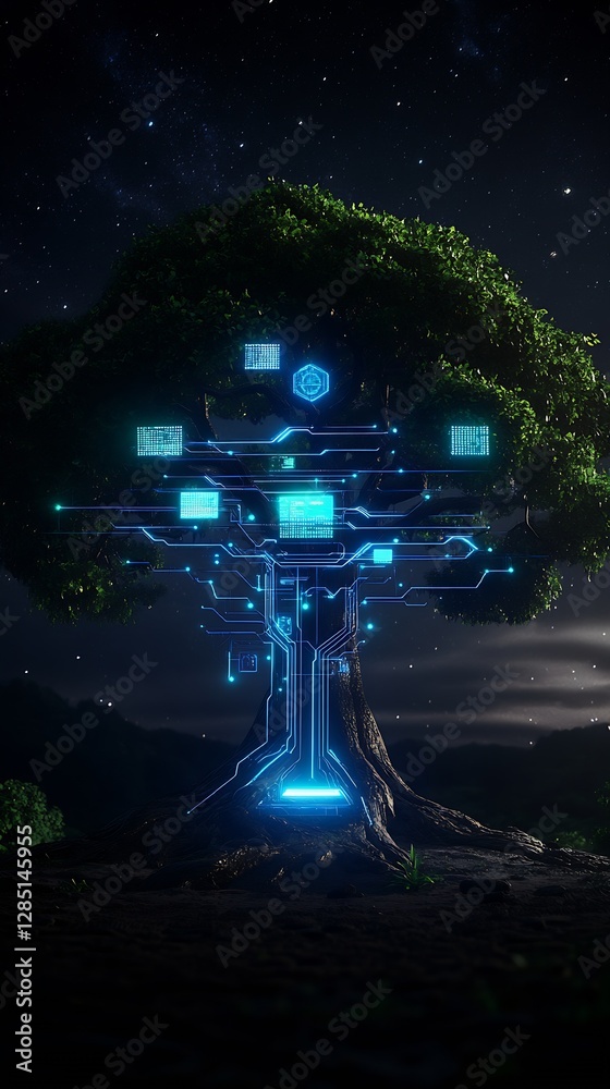 Poster Illuminated Technological Tree Integrated with Modern Digital Circuitry at Night : Generative AI
