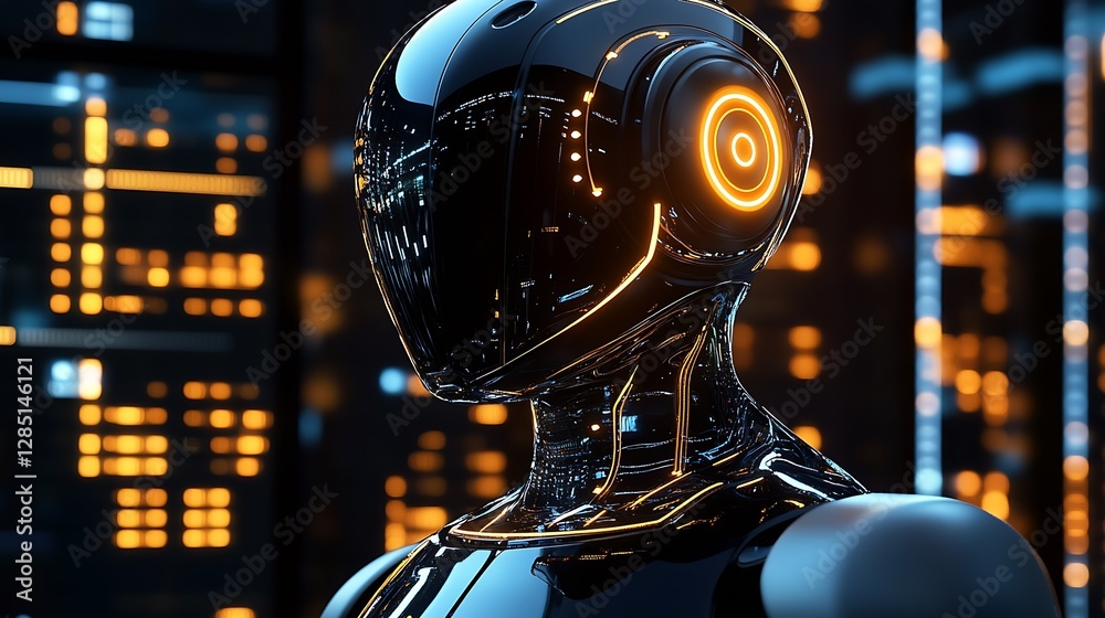 Poster innovative humanoid robot with sleek finish in futuristic digital atmosphere : generative ai