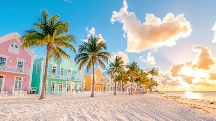 Obraz premium Tropical Beach Sunrise Colorful Houses Palm Trees Ocean View