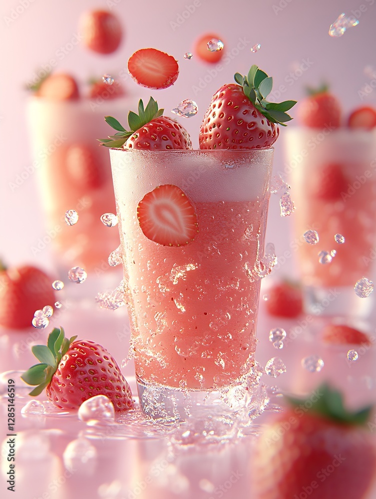 Aufkleber Multiple Strawberry Drinks Featuring Juicy Strawberries and Bubbles in a Dynamic Close-Up Perspective : Generative AI