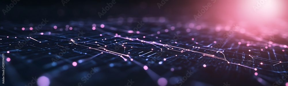 Poster Abstract digital landscape with glowing nodes and connecting lines on a dark background.