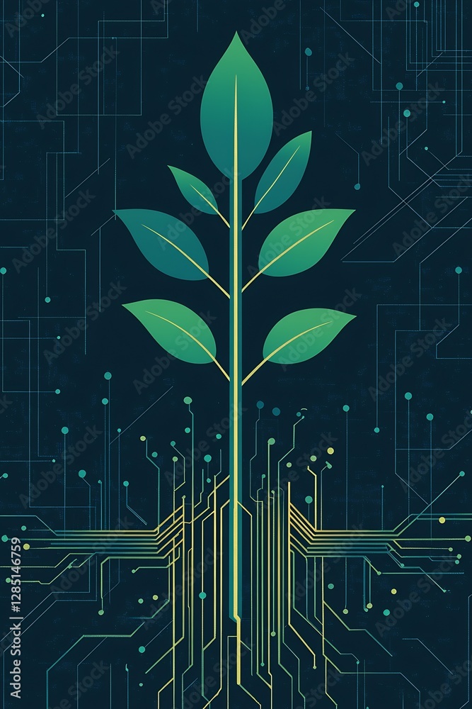 Poster Artistic representation of a vibrant plant growing from a circuit design illustrating the fusion of nature and technology : Generative AI